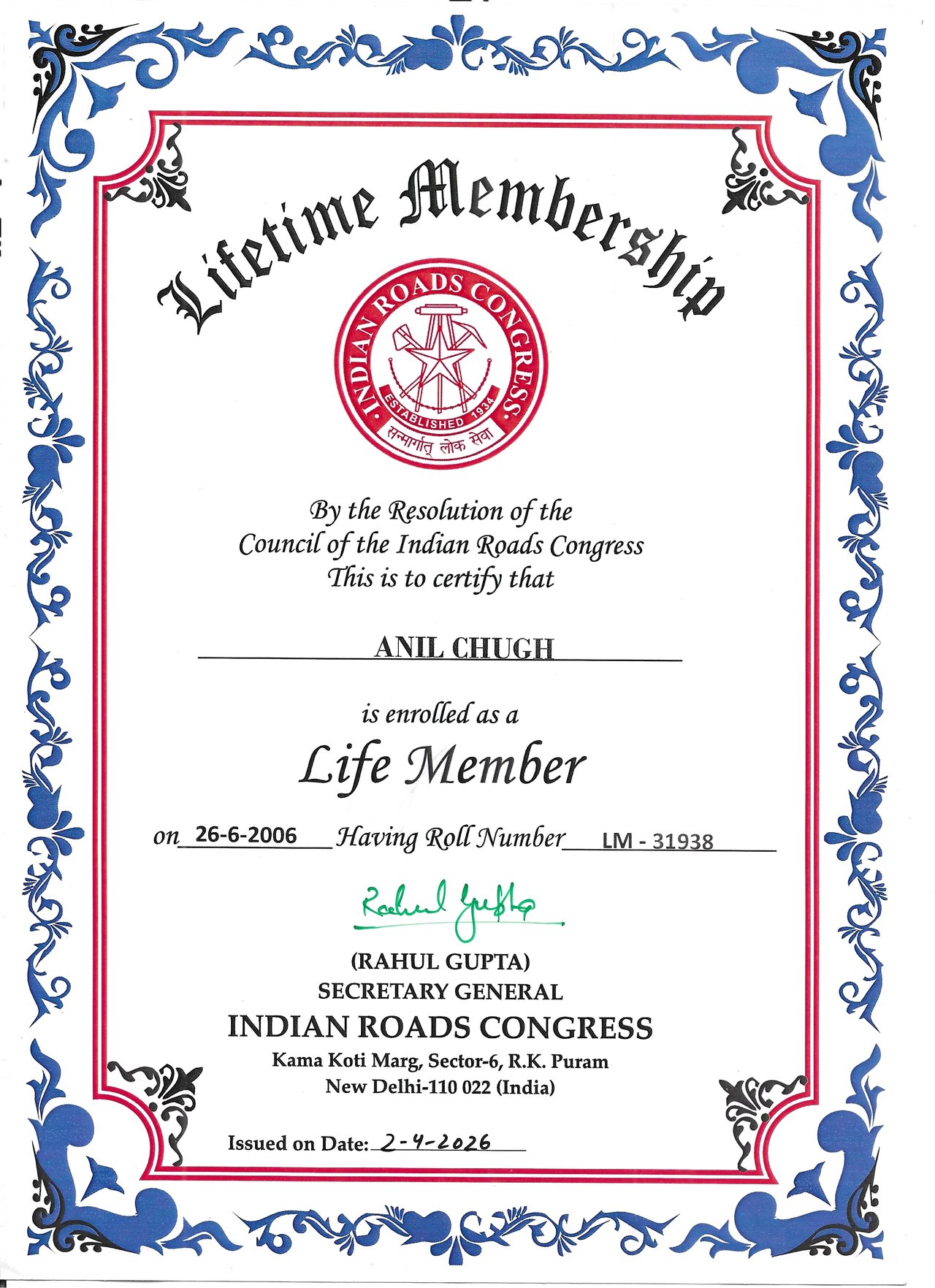 Life Member — Indian Roads Congress